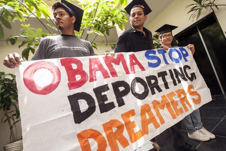 Students from left: David Buenrostro, Adrian James, and Jahel Ramos protest outside the Obama campaign offices in Culver City, Calif., Thursday, June 14, 2012. The students demand that President Obama issue an executive order to stop deportations of illegal immigrant students in favor of the DREAM Act, Development, Relief, and Education for Alien Minors. In July 2011, California Gov. Brown enacted the California DREAM Act, giving illegal immigrant students access to private college scholarships for state schools. (AP)
