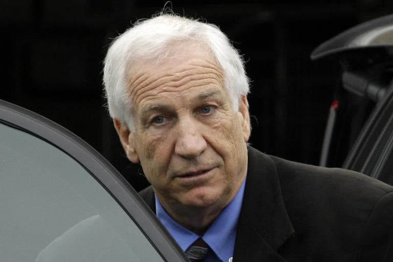 Former Penn State University assistant football coach Jerry Sandusky leaves the Centre County Courthouse in Bellefonte, Pa., Monday. (AP)