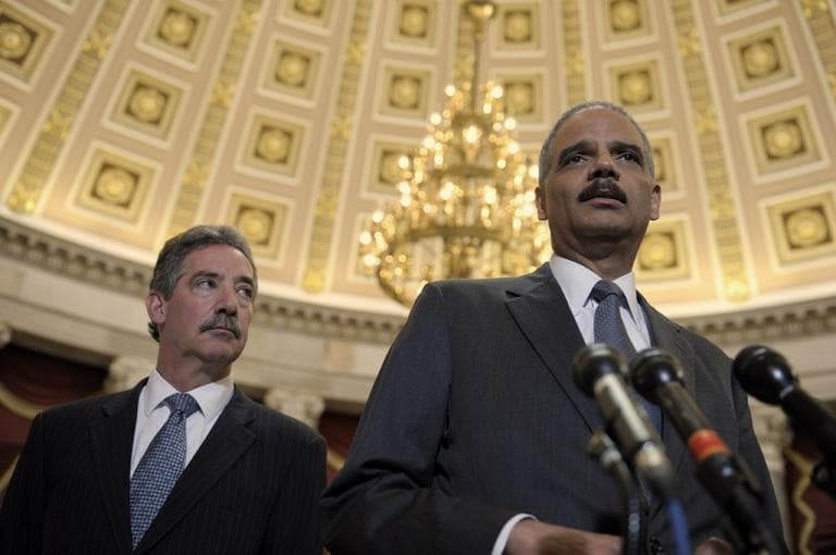 Attorney General Eric holder speaks to reporters following his meeting on Capitol Hill in Washington, Tuesday. (AP)