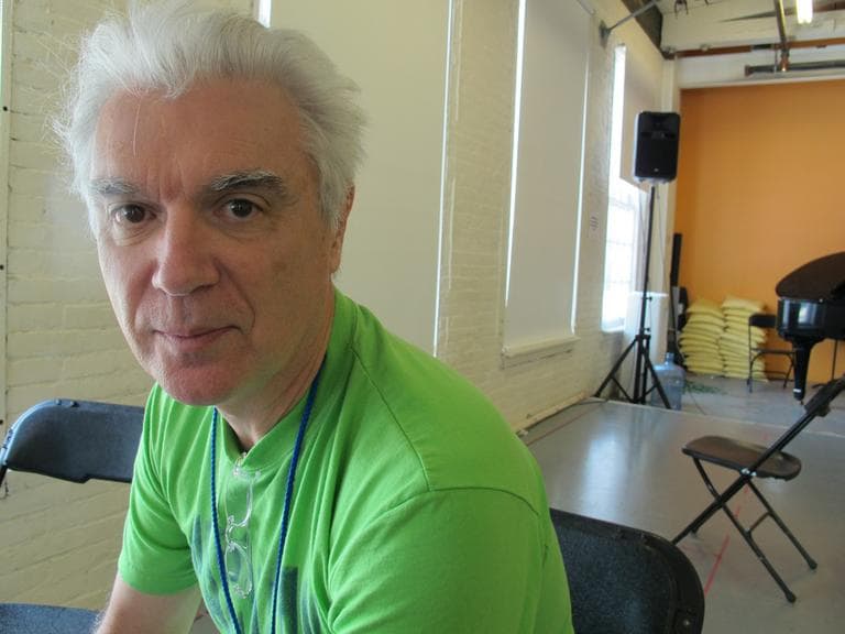 David Byrne, who created &quot;Here Lies Love,&quot; in the rehearsal space at MASS MoCA (Andrea Shea/WBUR)