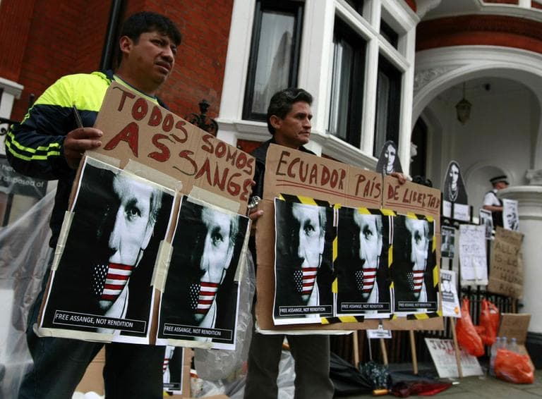 Demonstrators protest outside the Ecuadorean Embassy, London. Wikileaks founder Julian Assange entered the embassy in an attempt to gain political asylum. (AP)