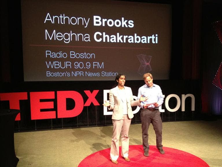 Radio Boston hosts Meghna Chakrabarti and Anthony Brooks at TEDx Boston, Friday. (@TedAcworth, via Twitter)