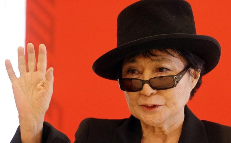 Yoko Ono, a Japanese born artist, musician and widow of Beatle John Lennon, waves as she speaks at a press conference after receiving the Oskar Kokoschka art price for her artistic and political commitment in Vienna, Austria, on Friday, March 2, 2012. (AP)