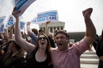 Claire McAndrew of Washington, left, and Donny Kirsch of Washington celebrate outside the Supreme Court in Washington, after a the court's ruling on health care, Thursday. (AP)