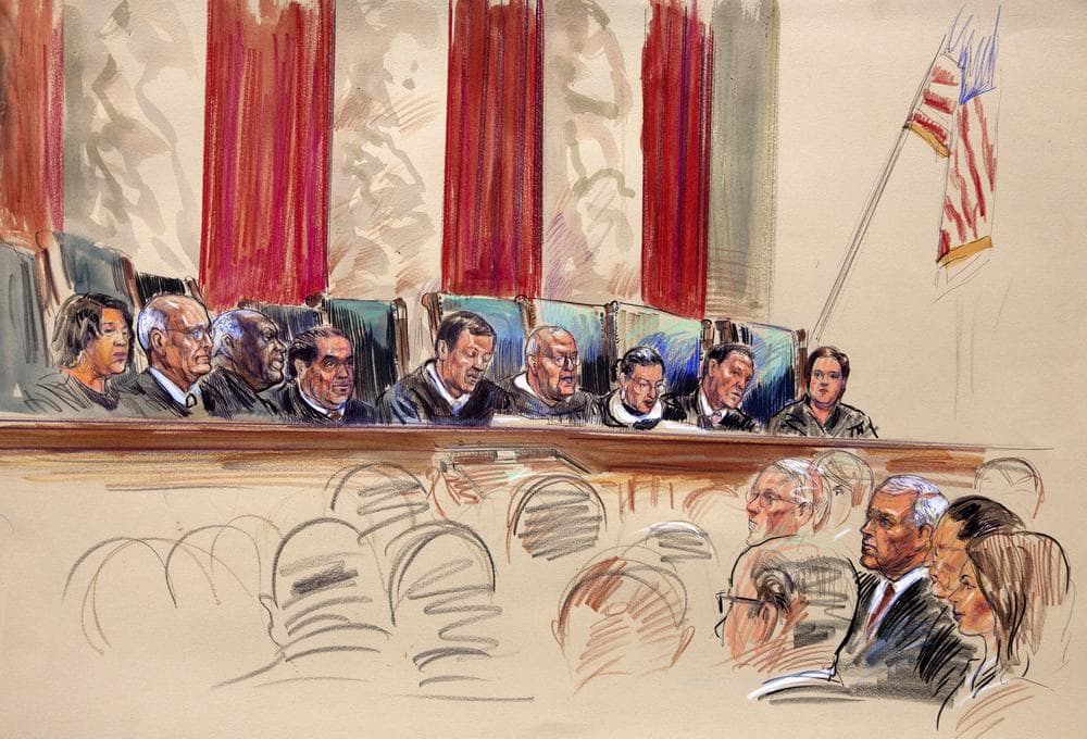 This artist rendering shows Chief Justice John Roberts, center, speaking at the Supreme Court in Washington, Thursday. From left are, Justices Sonia Sotomayor, Stephen Breyer, Clarence Thomas, Antonin Scalia, Roberts, Anthony Kennedy, Ruth Bader Ginsburg, and Elena Kagan. (AP)
