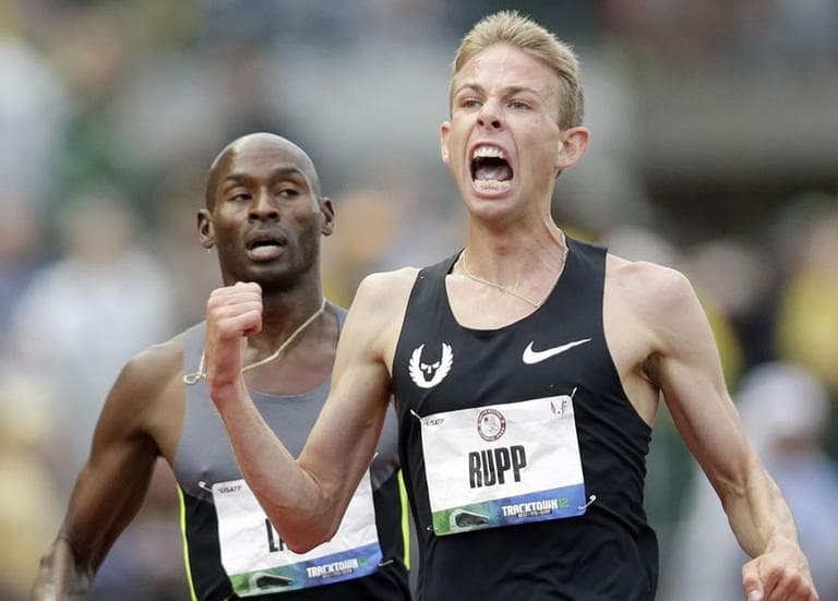 Galen Rupp celebrates after finishing first in the men's 5,000 meter finals at the U.S. Olympic Track and Field Trials Thursday, in Eugene, Ore. (AP)