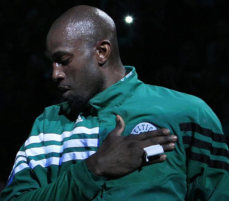 Boston Celtics forward Kevin Garnett puts his hand on his heart during player introductions prior to Game 6 of the Eastern Conference finals playoff series on June 7, 2012. (AP)