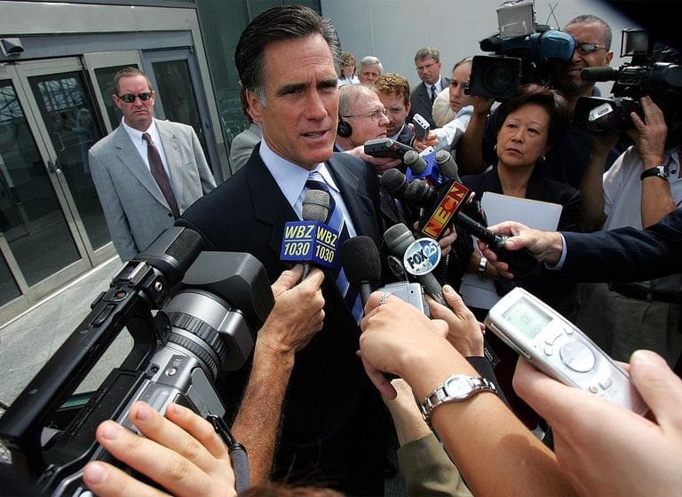 In this 2005 photo, Governor Mitt Romney explains his support for an individual health insurance mandate and his interest in running for president. (AP)