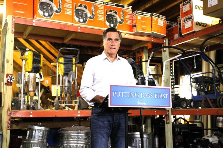 Republican presidential candidate Mitt Romney speaks about job numbers at Bradley's Hardware in Wolfeboro, N.H. (AP)
