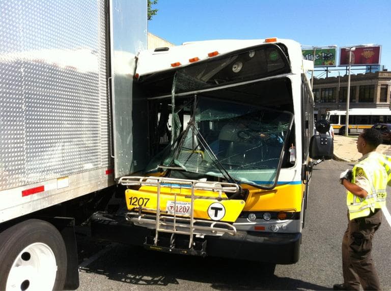 An MBTA bus crashed into a movie production truck in Roxbury Monday. (John Atwater/WCVB-TV, via Twitter)