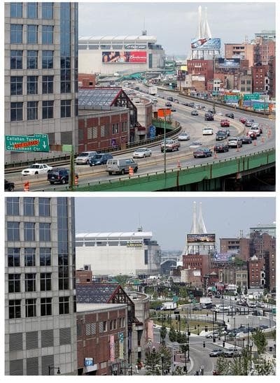 Traffic moves on the elevated Central Artery in Boston in a March 29, 2003, file photo, top. Parks and open space are seen in the same space in the bottom photo taken Wednesday, July 25, 2007. After more than a decade of construction and $14 billion spent to replace the old highway with a tunnel under the city, the effort has dramatically changed the face of the downtown/waterfront area of Boston. (AP)