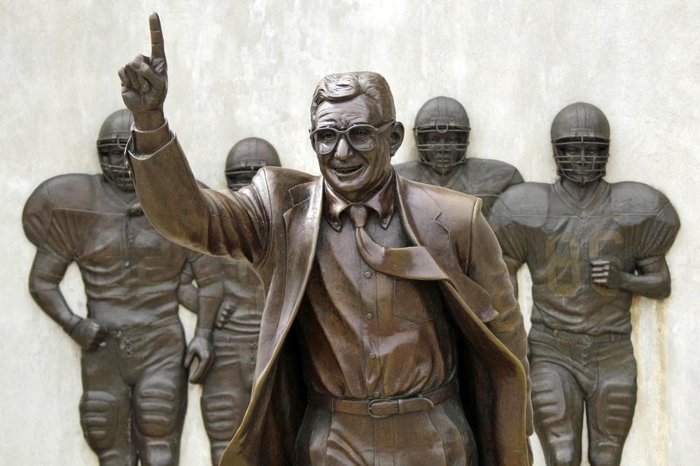 The future of this statue of Penn State head coach Joe Paterno is under review after a 267-page report concluded that Paterno and other top Penn State officials hushed up child sex abuse allegations against former Penn State assistant football coach Jerry Sandusky for more than a decade. (AP)
