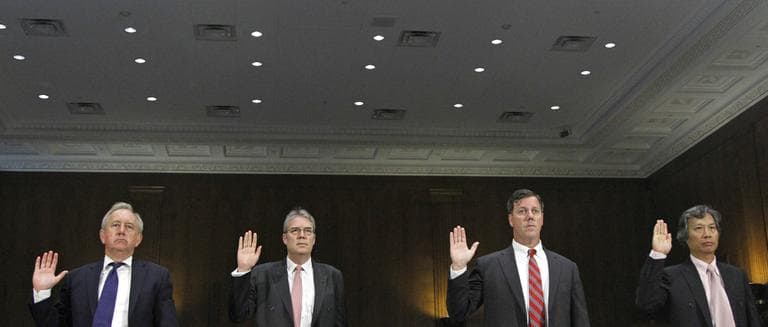 From left, David Bagley, Head of Group Compliance of HSBC Holdings plc, Paul Thurston, chief executive of Retail Banking and Wealth Management HSBC Holdings plc, Michael Gallagher, former executive Vice President and head of PCM North America HSBC Bank USA, N.A., and Christopher Lok, former head of Global Banknotes for HSBC Bank USA, N.A., are sworn in prior to testifying before the permanent Subcommittee on Investigations hearing, &quot;U.S. Vulnerabilities to Money Laundering, Drugs, and Terrorist Financing: HSBC Case History,&quot; Tuesday, July 17, 2012, on Capitol Hill in Washington. (AP)