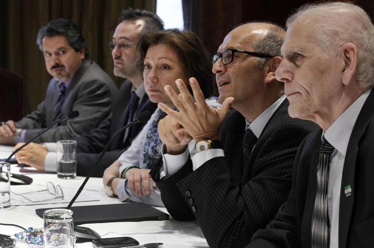 Dr. George Netto, a member of the Syrian National Council, second right, addresses a news conference in New York on Tuesday. Also participating are, from left: Najib Ghadbian, Khalid Saleh, Bassma Kodmani, and Samir Shishakli, members of the SNC delegation. (AP)