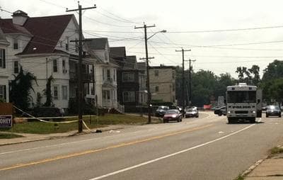 The shooting scene on River Street in Haverhill Tuesday (Delores Handy/WBUR)