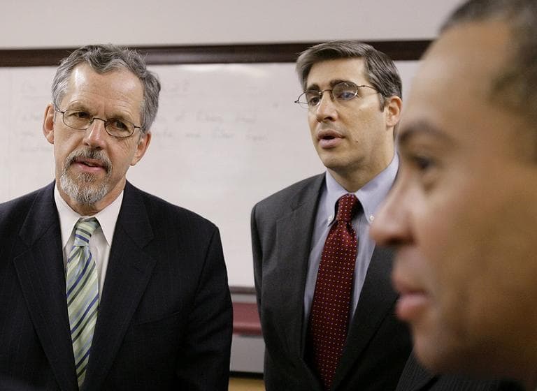 Gerald Chertavian, center, appears with Paul Reville, left, and Massachusetts Gov. Deval Patrick, right, at Monument High School in south Boston in 2008. (AP)