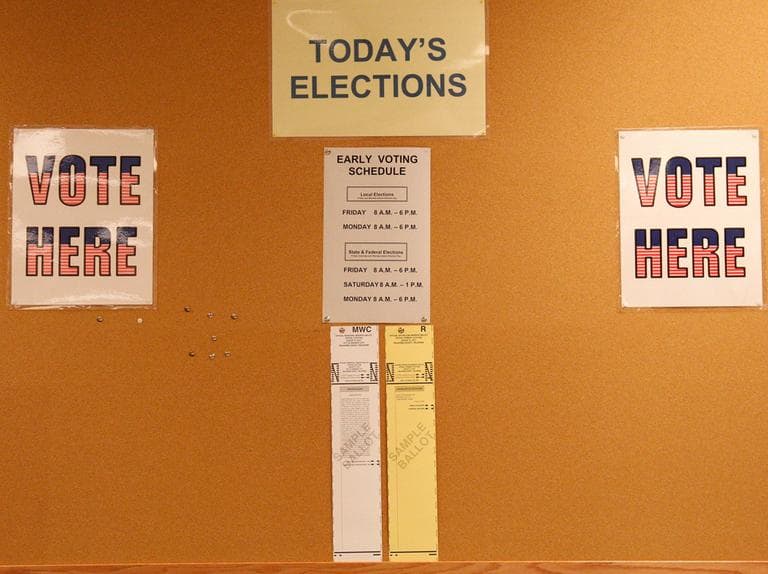 A sign concerning today's elections is pictured on a bulletin board in an empty polling place during early voting at the Oklahoma County Board of Elections in Oklahoma City, Monday, Aug 8, 2011. The election for a vacant Senate seat that includes portions of southern Oklahoma County and northern Cleveland County is the first state election since nearly 75 percent of Oklahoma voters approved the voter ID law in November. (AP)