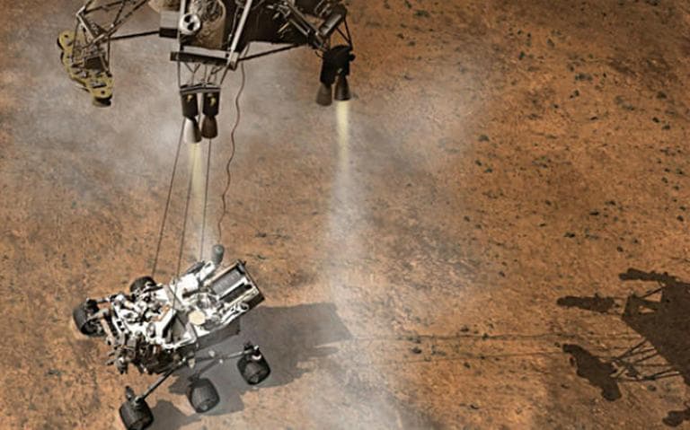 This artist's concept depicts a sky crane lowering NASA's Curiosity rover onto the Martian surface. (JPL-Caltech/NASA)