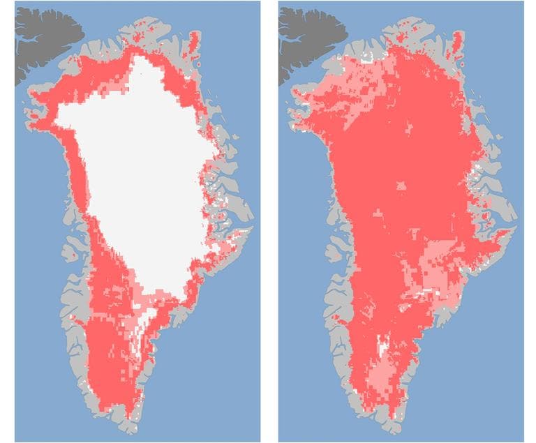 These images show the extent of surface melt over Greenlands ice sheet on July 8, left, and July 12, right. (AP /Nicolo E. DiGirolamo, SSAI/NASA GSFC, and Jesse Allen, NASA Earth Observatory)