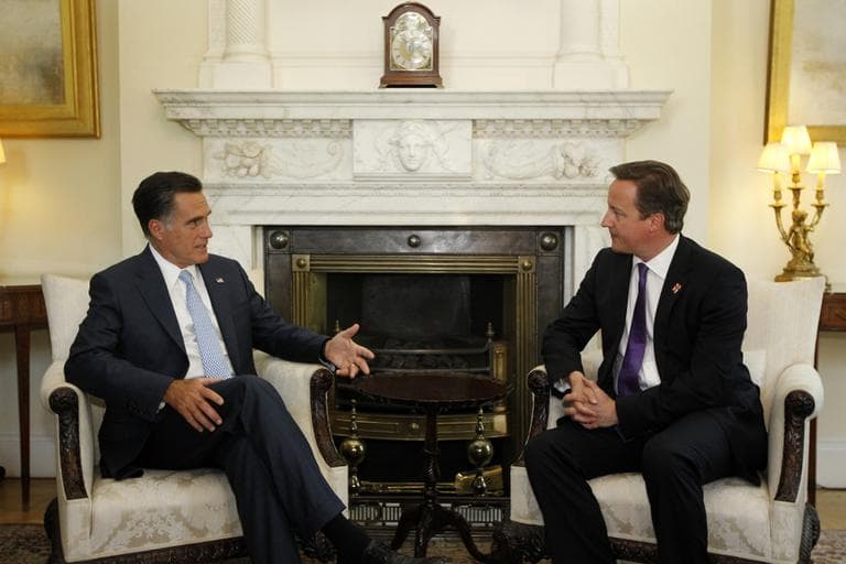 Republican presidential candidate, former Massachusetts Gov. Mitt Romney meets with British Prime Minister David Cameron at 10 Downing Street†in London, Thursday, July 26, 2012. (AP)