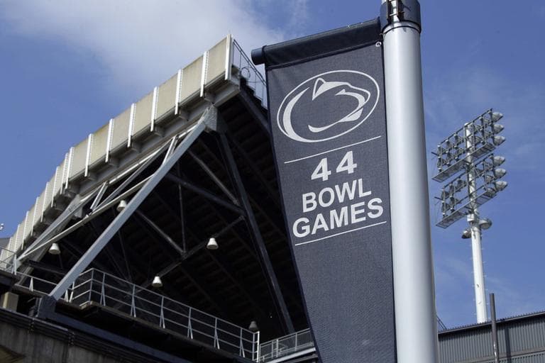 A banner celebrating the 44 bowl games that the Penn State football team has played in hangs outside of Beaver Stadium on the Penn State University main campus in State College, Pa. (AP)