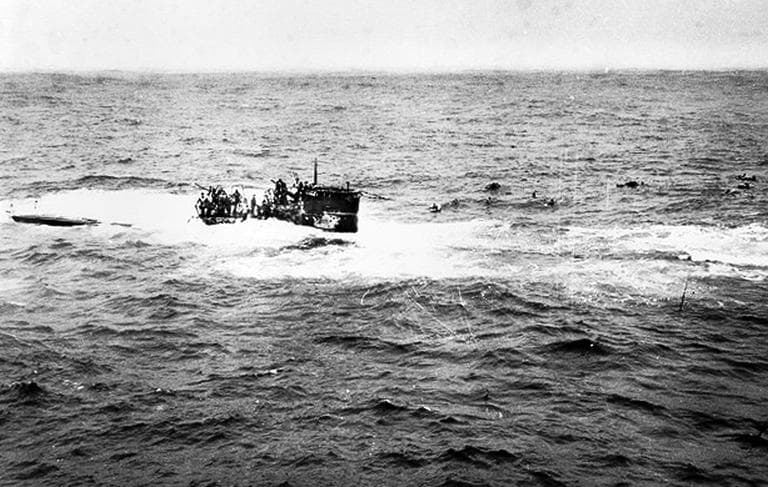 This April 16, 1944, photo provided by the U.S. Navy shows crewmen of the German U-550 submarine abandoning ship in the Atlantic Ocean after being depth charged by the USS Joyce, a destroyer in an Allied convoy that the submarine attacked. A team of explorers found the U-550 Monday on the floor of the Atlantic about 70 miles south of Nantucket Island. (AP/U.S. Navy)