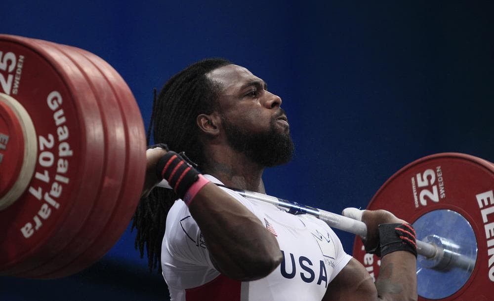 Kendrick Farris, from the United States, lifts 191kg during the men's 85 kg weightlifting event at the Pan American Games in Guadalajara, Mexico, Tuesday, Oct. 25, 2011. Farris won the bronze medal. (AP)