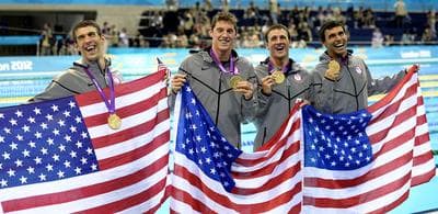 From left, United States' Michael Phelps, United States' Conor Dwyer, United States' Ricky Berens and United States' Ryan Lochte pose with their gold medals for the men's 4x200-meter freestyle relay swimming final at the Aquatics Centre in the Olympic Park during the 2012 Summer Olympics in London on Tuesday. (AP)