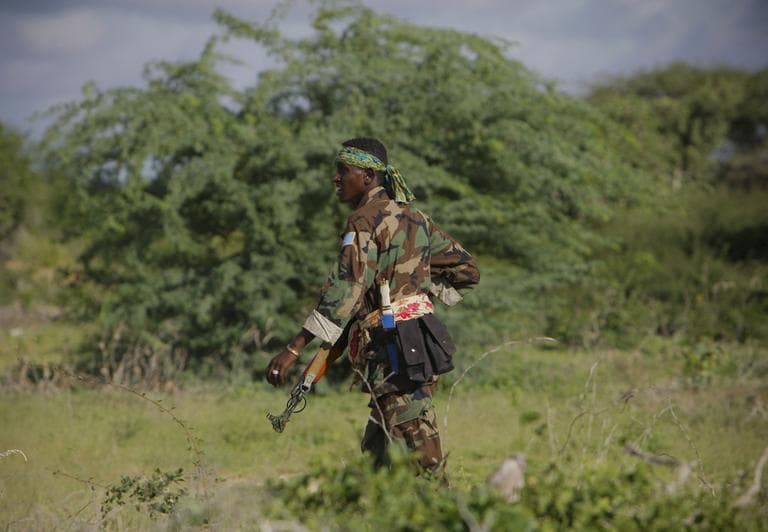A soldier with the Somali National Army (SNA) walks along a road near Deyniile, Somalia, during a joint AMISOM and Somali National Army (SNA) operation to seize and liberate territory from the al-Qaeda affiliated extremist group al-Shabaab. (AP)