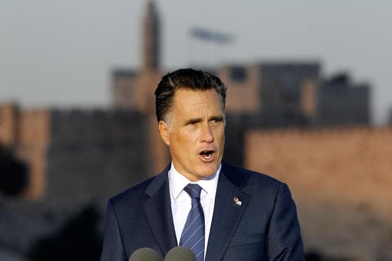 Republican presidential candidate Mitt Romney delivers a speech in Jerusalem, Sunday. (AP)