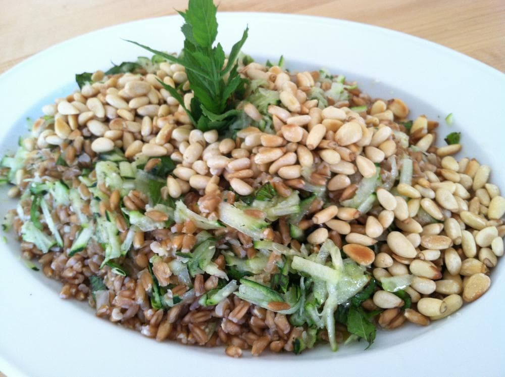 Farro Salad with Raw Shredded Zucchini, Mint, Lemon, and Toasted Pine Nuts (Photo Courtesy of Kathy Gunst)