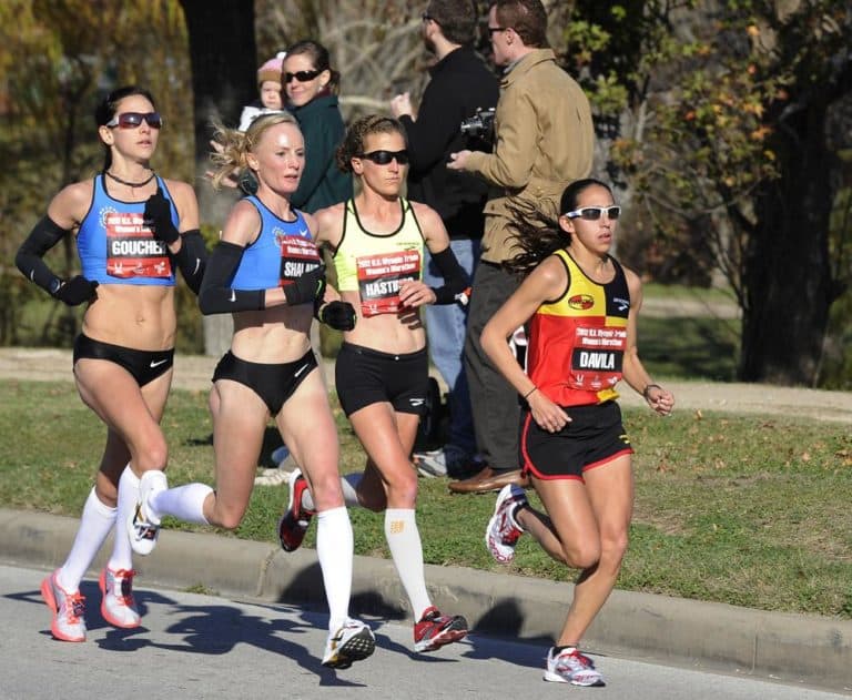 From left: Kara Goucher, Shalane Flanagan, Amy Hastings and Desiree Davila compete in the U.S. Olympic women's marathon trials in January in Houston. (AP)
