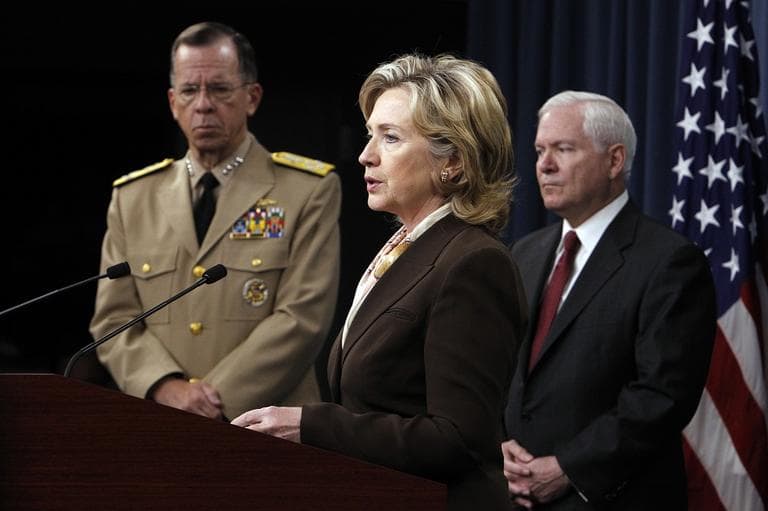 Secretary of State Hillary Rodham Clinton speaks to reporters about the Nuclear Posture Review as Chairman of the Joint Chiefs of Staff Adm. Michael Mullen and Defense Secretary Robert Gates look on, at the Pentagon in 2010. (AP Photo/Charles Dharapak)