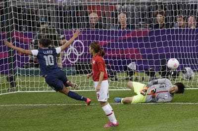United States' Carli Lloyd (10) celebrates after scoring against Japan goalkeeper Miho Fukumoto (1) during the women's soccer gold medal match at the 2012 Summer Olympics in London. (AP)