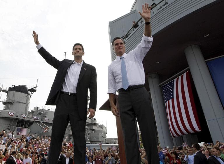 Republican presidential candidate Mitt Romney, right, and his vice presidential pick, Wisconsin Rep. Paul Ryan, in Norfolk, Va., Saturday  (AP)
