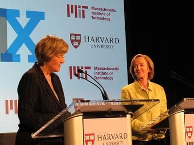 Harvard President Drew Gilpin Faust, left, and former MIT President Susan Hockfield announce the creation of edX in May. (Courtesy Katie Broida)
