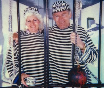 Tourists James “Whitey” Bulger and his then-girlfriend, Teresa Stanley, pose for a picture at a shop outside Alcatraz prison in the early 1990s. (Stanley photo obtained by WBUR's David Boeri)