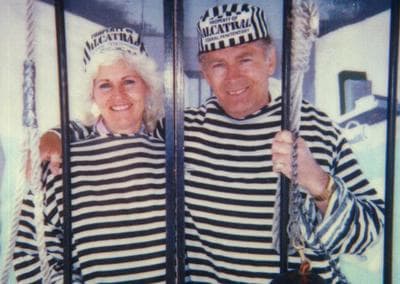 Tourists James “Whitey” Bulger and his then-girlfriend, Teresa Stanley, pose for a picture at a shop outside Alcatraz prison in the early 1990s. (Stanley photo obtained by WBUR’s David Boeri)