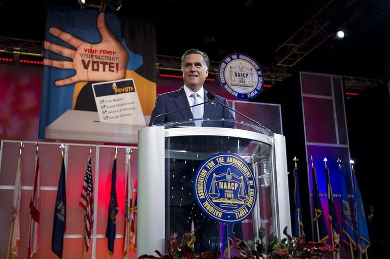 Republican presidential candidate, former Massachusetts Gov. Mitt Romney speaks before the NAACP annual convention, Wednesday, July 11, 2012, in Houston, Texas.  (AP/Evan Vucci)