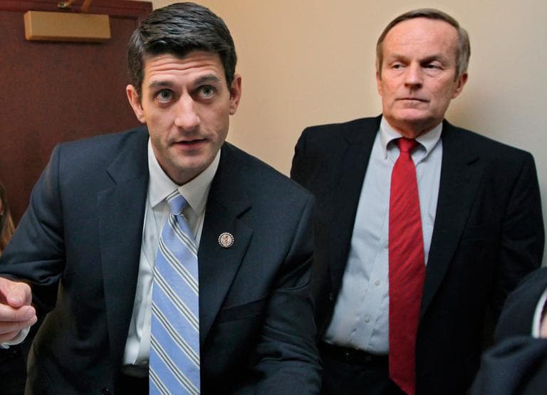 In this April 5, 2011, file photo, Rep. Paul Ryan, left, and Rep. Todd Akin talk before a news conference on Ryan&#039;s budget agenda on Capitol Hill. (AP)
