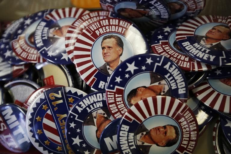 Campaign buttons of presidential candidate and former Massachusetts Gov. Mitt Romney are displayed ahead of the Republican National Convention in Tampa, Fla., on Sunday. (AP)