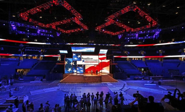 GOP leaders unveil the stage and podium for the 2012 Republican National Convention, Monday, Aug. 20, 2012, at the Tampa Bay Times Forum in Tampa, Fla. (AP/Scott Iskowitz)