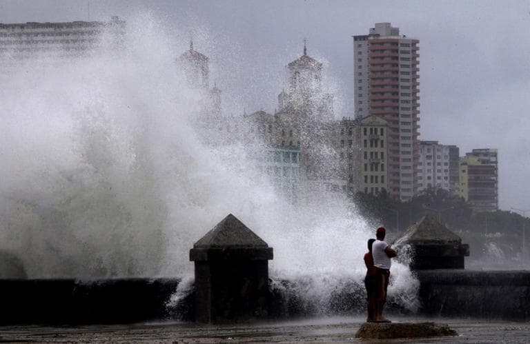 Waves pound the boardwalk during the passing of Tropical Storm Isaac in Havana Cuba, Sunday. (AP)