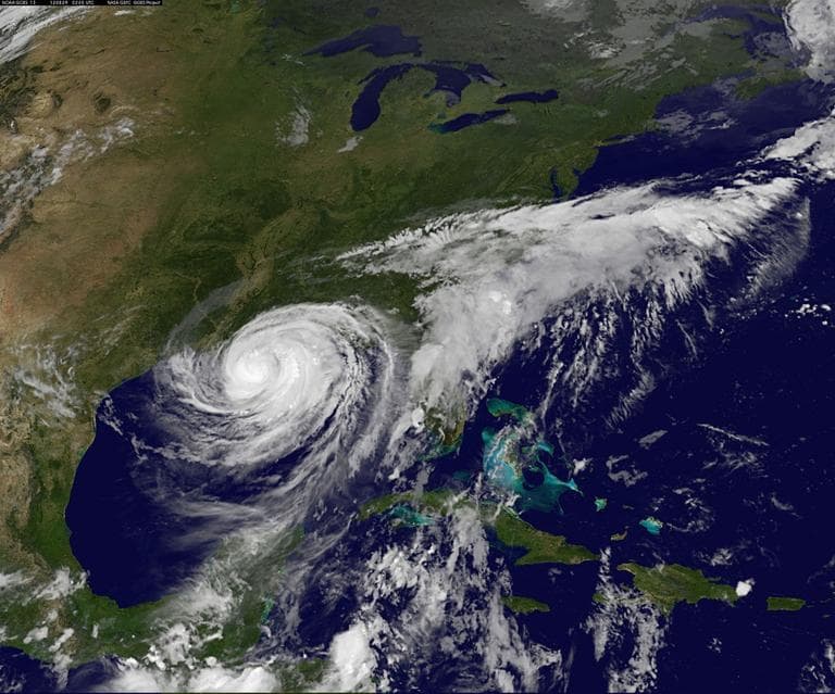 This image provided by NOAA shows hurricane Isaac taken at 10:45 p.m. EDT Tuesday Aug. 28, 2012. Hurricane Isaac spun into the southern Louisiana coast late Tuesday.(AP/NOAA)