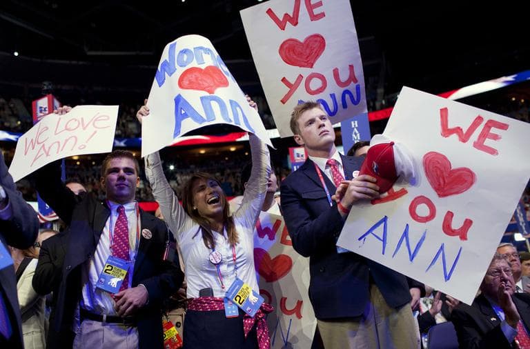 People cheer for Ann Romney as she delivers a speech at the Republican National Convention on Tuesday.  (Evan Vucci/AP)