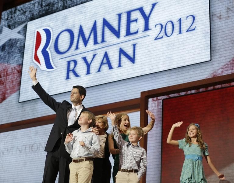 Republican vice presidential nominee, Rep. Paul Ryan, joined by his family after his acceptance speech on Wednesday. (AP/Charles Dharapak)