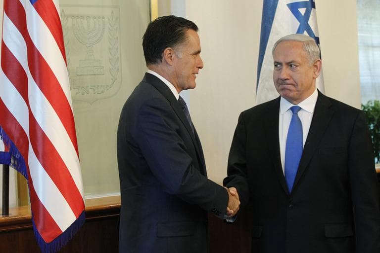 Republican presidential candidate and former Massachusetts Gov. Mitt Romney meets with Israel's Prime Minister Benjamin Netanyahu, in Jerusalem, Sunday, July 29, 2012. (AP)