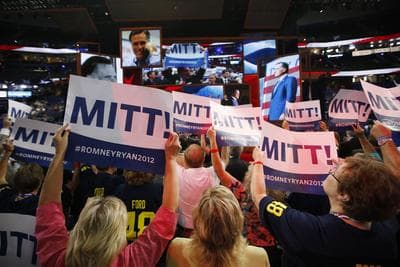 Delegates cheer as Mitt Romney is nominated for the Office of the President of the United States at the Republican National Convention in Tampa, Fla., on Tuesday, Aug. 28, 2012. (AP)