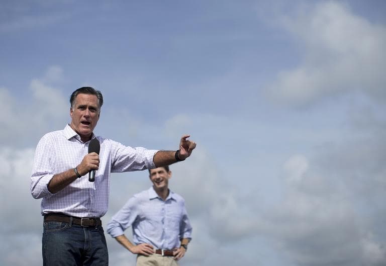 Mitt Romney and Rep. Paul Ryan, R-Wis. speak during a campaign stop on Friday, in Lakeland, Fla.  (AP/Evan Vucci)