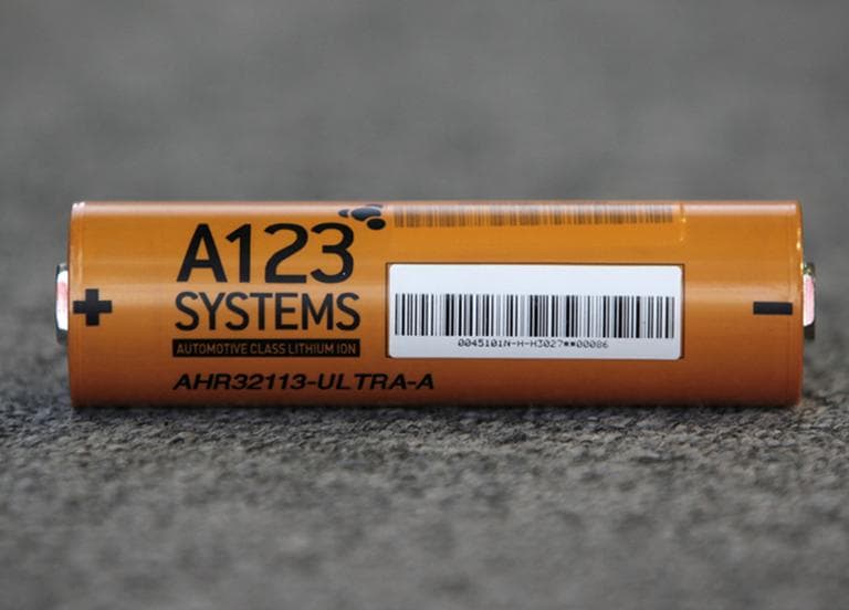 An A123 Systems Inc. high power Nanophospate Lithium Ion Cell for Hybrid Electric Vehicles battery is shown Thursday, Aug. 6, 2009 in Livonia, Mich. (AP)